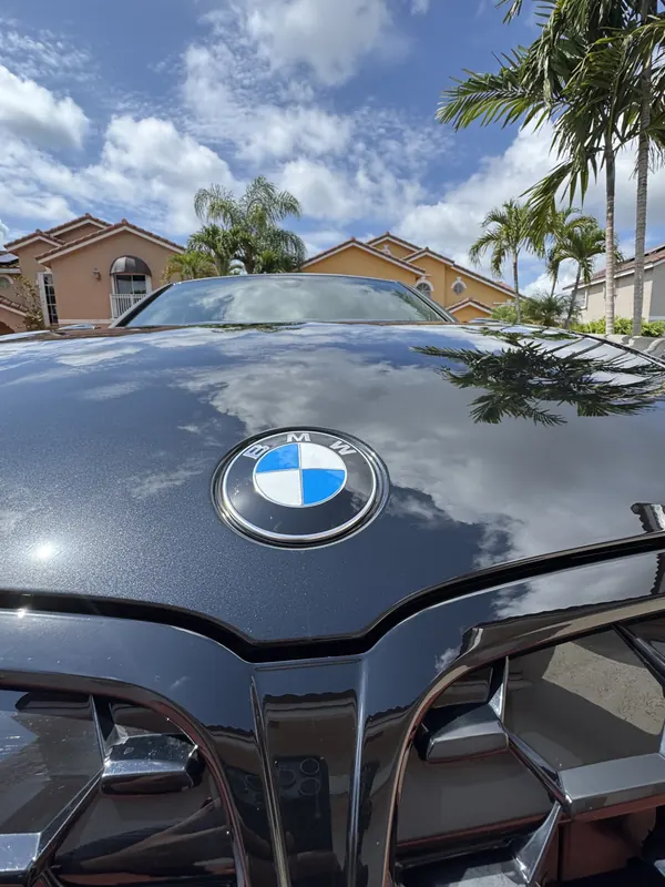 Capó negro de un BMW reflejando palmeras